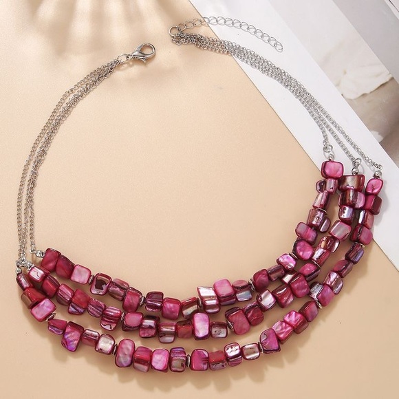 Three- Layer Bohemian Style Pink Stone Beaded Necklaces - Picture 3 of 4